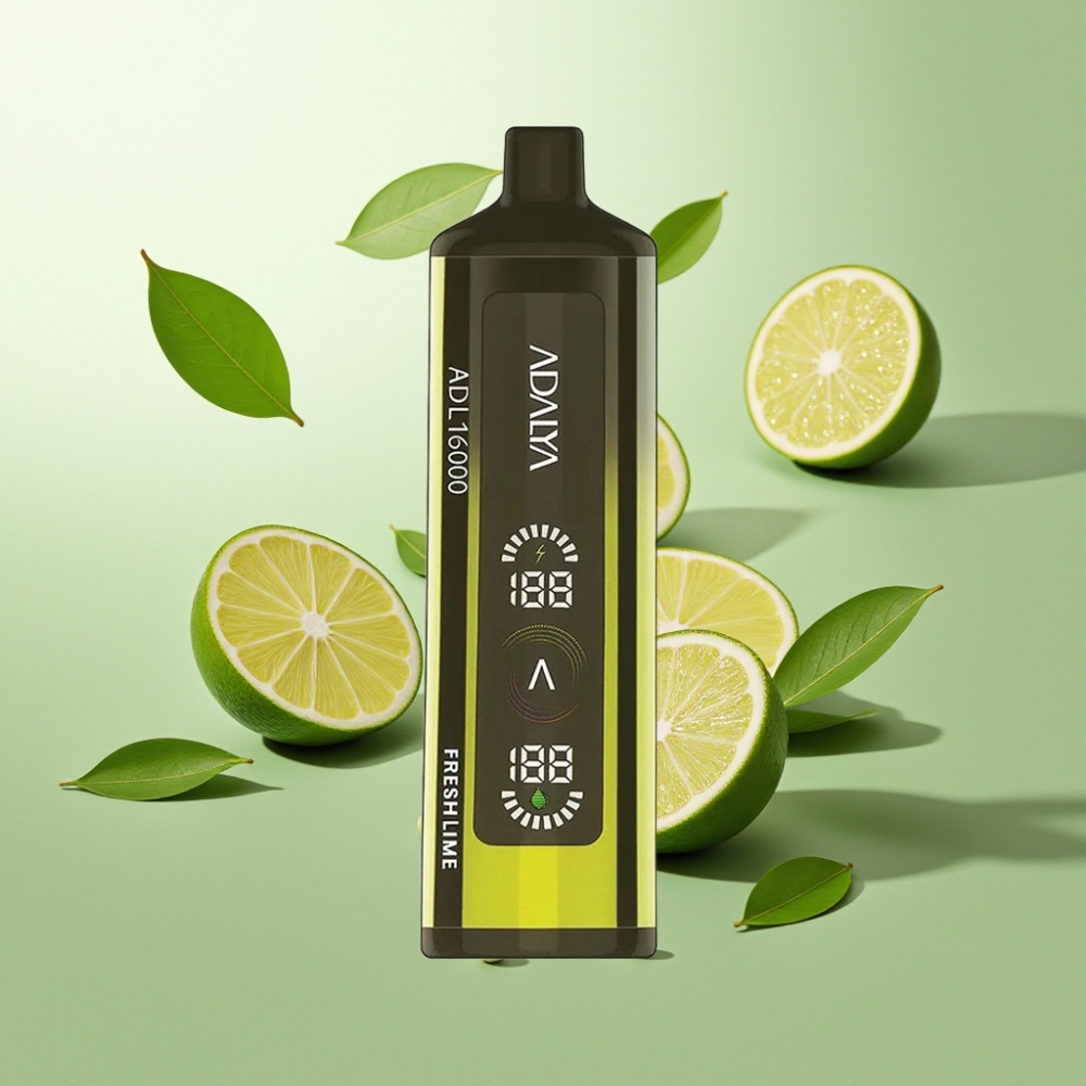 Adalya ADL 16000 PRO Puffs Suomi Tukku Kertakäyttöinen Vape Tuore Lime – 16,000 Puffs, USB-C, 25ml, 2% Nikotiini, Digitaalinäyttö, Älykäs Mesh-käämi