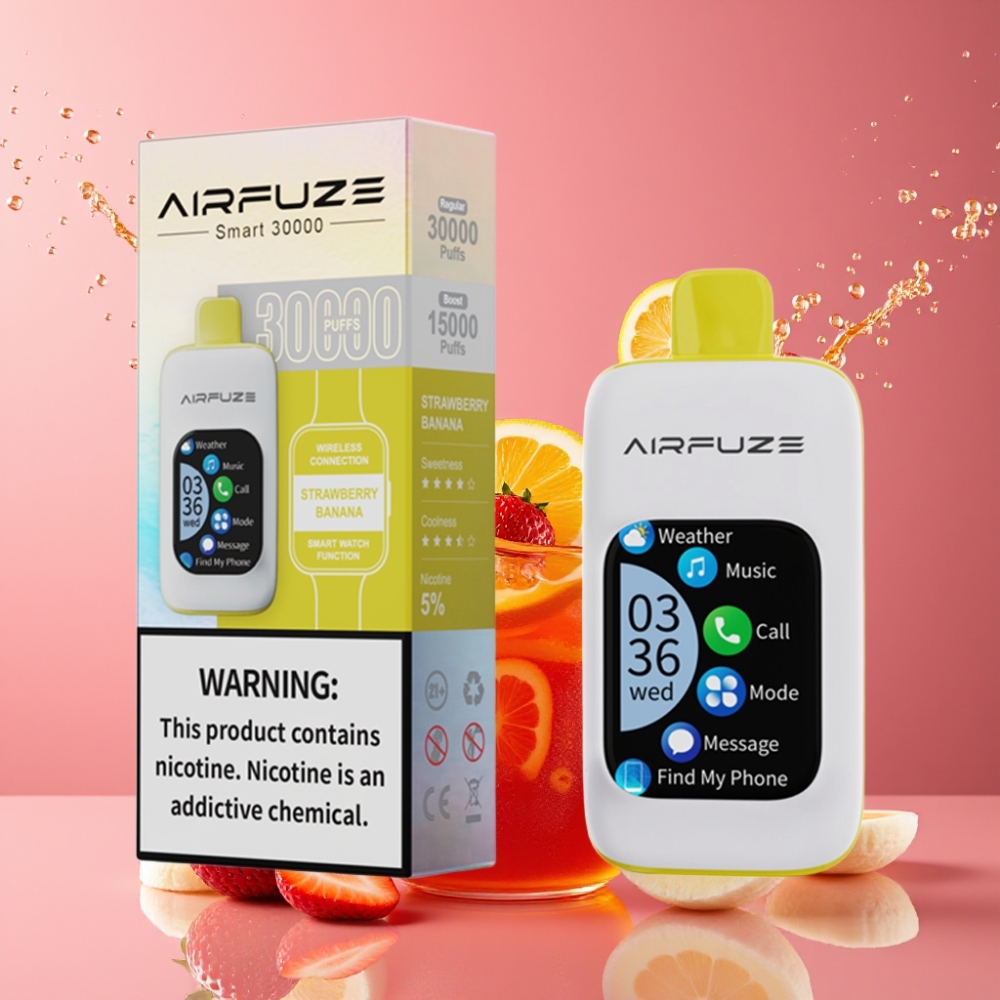 Suomi tukku AirFuze Smart 30000 Puffs Disposable Vape Mansikka-Banaani 5% Nikotiinia 900mAh Type-C 2.01