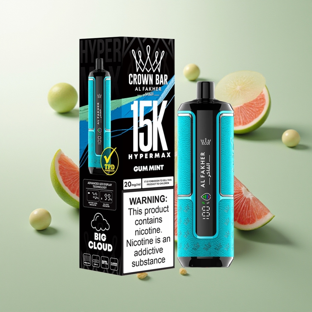 Al Fakher Crown Bar 15K Hypermax Kertakäyttöinen Vape Kit 22ml/15K Puffs/600mAh Type-C Suomi Tukku Gum Mint