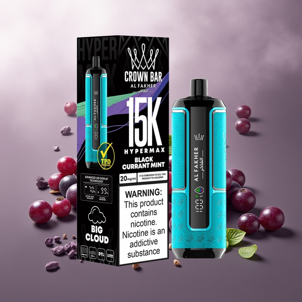 Al Fakher Crown Bar 15K Hypermax Kertakäyttöinen Vape Kit 22ml/15,000 Puffs/600mAh Type-C Suomi Tukku Mustaherukka-Minttu