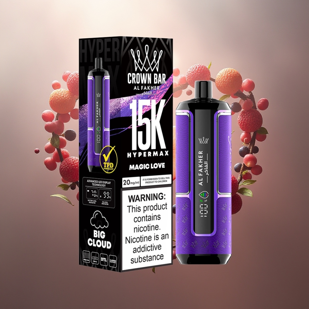 Al Fakher Crown Bar 15K Hypermax Kertakäyttöinen Vape Kit Suomi Tukku – 22ml, 15,000 Puffs, 600mAh Type-C, 6mg DTL, Magic Love