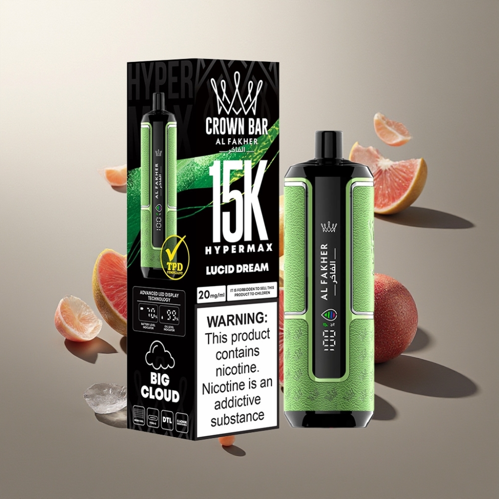 Al Fakher Crown Bar 15K Hypermax Kertakäyttöinen Vape Kit Suomi Tukku – 22ml, 15,000 Puffs, 600mAh Type-C, DTL, 6mg, Unelma