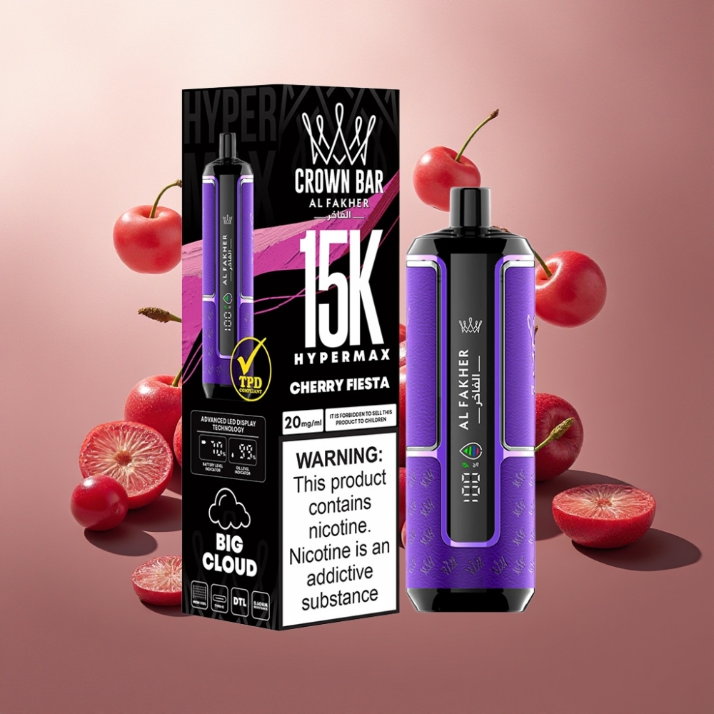 Al Fakher Crown Bar 15K Hypermax Suomi Tukku Kertakäyttöinen Vape Kit 22ml/600mAh/15K Puffs/Type-C Cherry Fiesta