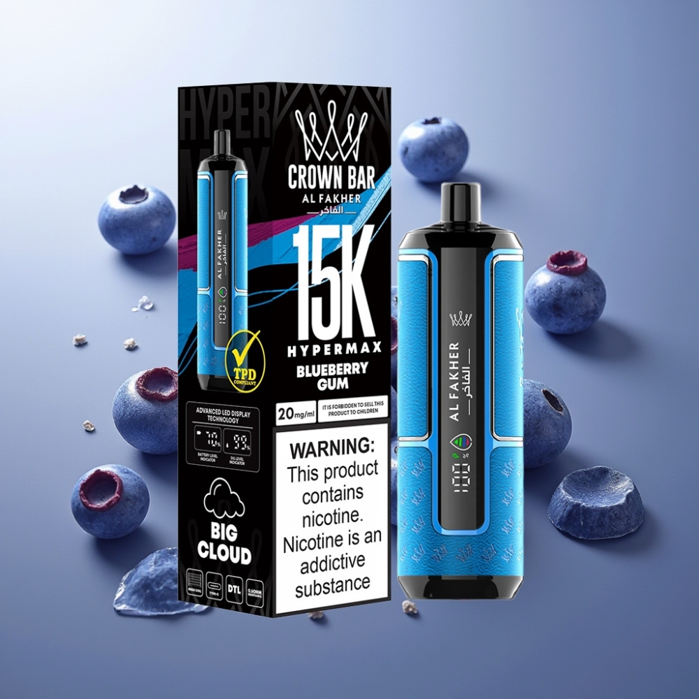 Al Fakher Crown Bar 15K Hypermax Suomi Tukku Kertakäyttöinen Vape Kit 22ml/600mAh/Type-C/15K Puffs/DTL 6mg Mustikkakumi