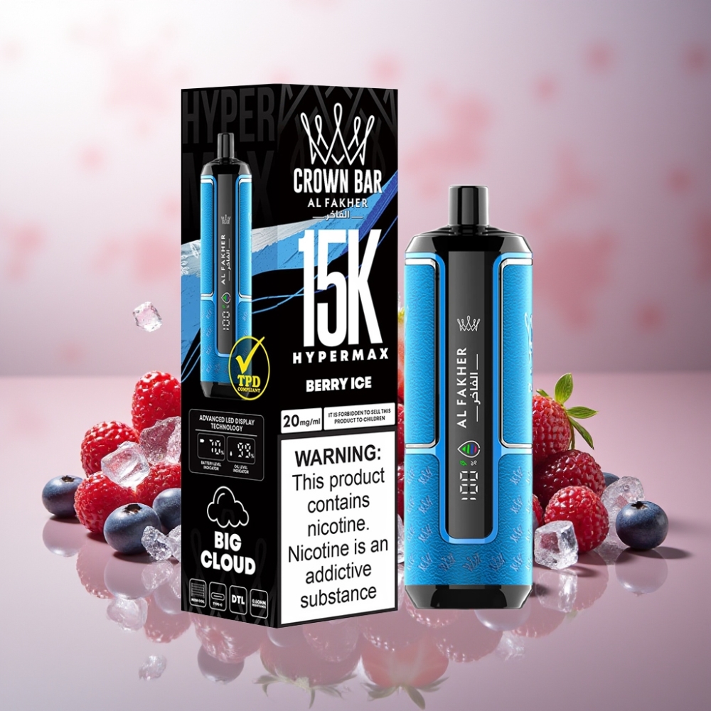 Al Fakher Crown Bar 15K Hypermax Suomi Tukku Kertakäyttöinen Vape Kit 22ml/600mAh Type-C 6mg Marja-Jää