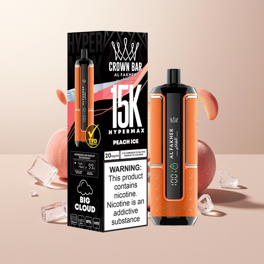 Al Fakher Crown Bar 15K Hypermax Suomi Tukku Kertakäyttöinen Vape Kit 22ml 600mAh Type-C Persikkajää