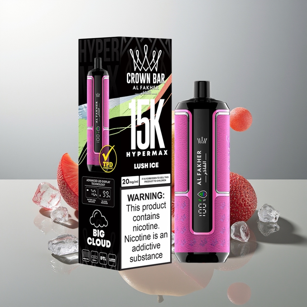 Al Fakher Crown Bar 15K Hypermax Suomi Tukku Kertakäyttöinen Vape Kit – 22ml E-Liquid, 600mAh Type-C, 15K Puffs, DTL, 6mg, Compact Design – Luch Ice