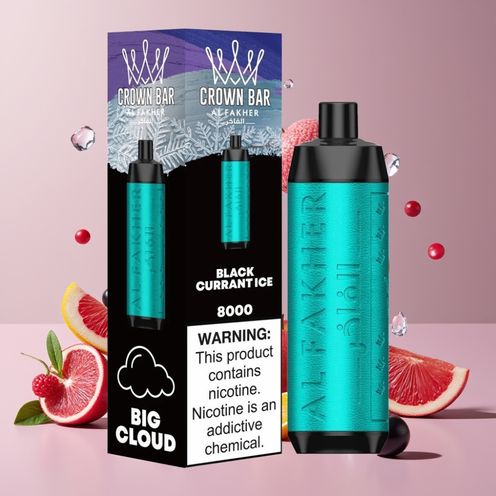 Al Fakher Crown Bar 8000 Crystal Kertakäyttöinen Vape Suomi Tukku - Mustaherukka-Jää, 18ml nestemäki, 8000 tupakointia, 5mg nikotiinia, USB-C-lataus