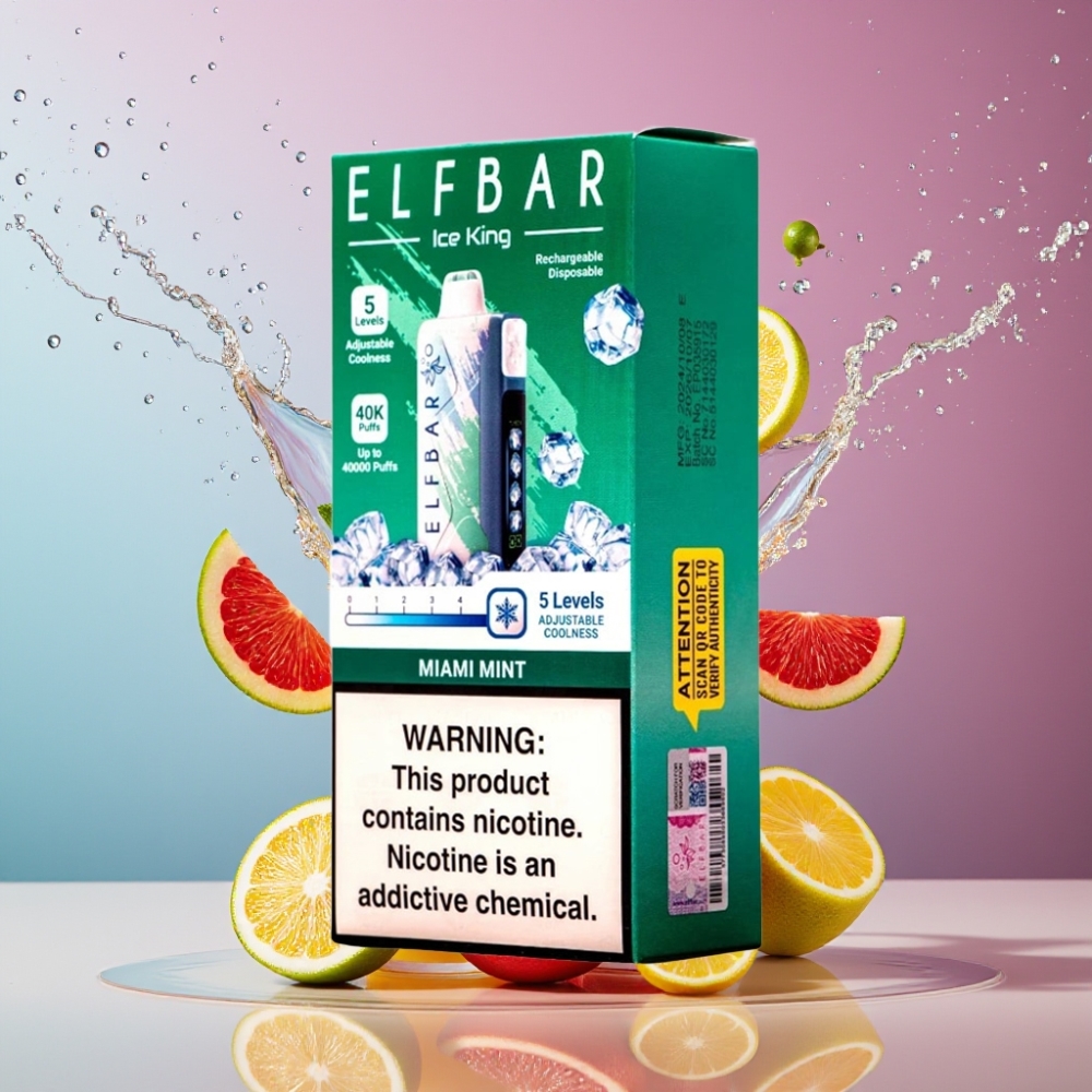 Elf Bar Ice King 40000 Puffs Suomi tukku - 20ml esitäytetty nestekide, 5% nikotiinia, 850mAh akku, säädettävä jäähdytys, Miami Mint