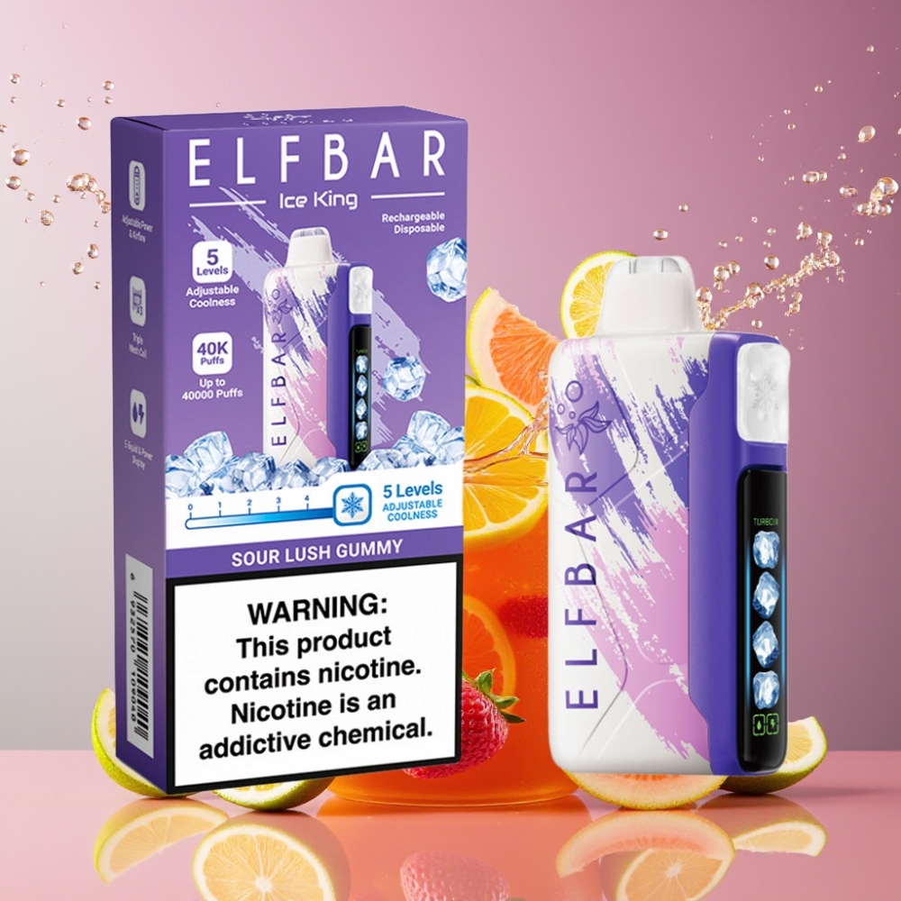 Elf Bar Ice King Suomi Tukku 40000 Puffs 20ml 5% Nikotiinia Ladatausta 850mAh Akulla Sour Lush Gummy - Säädettävä Jäähdytys & LCD-näyttö