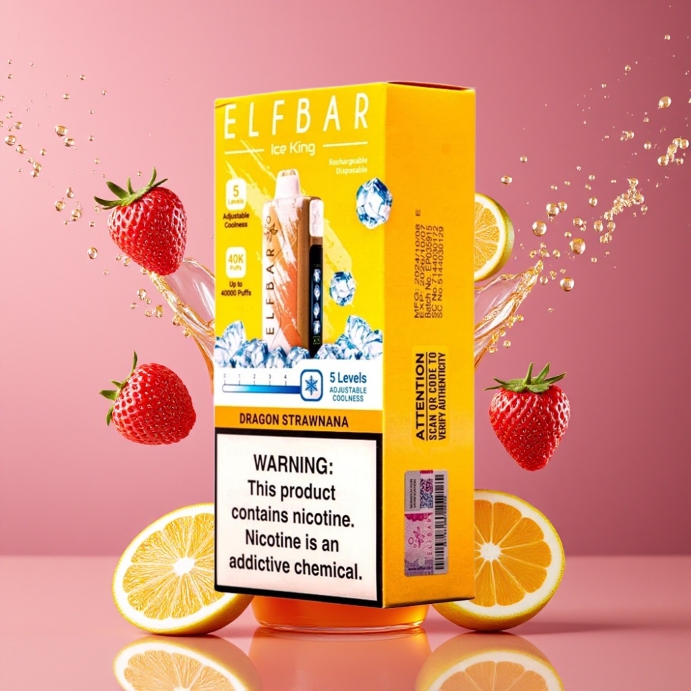 Elf Bar Ice King Suomi Tukku 40000 Tupaa 20ml E-Nestettä 5% Nikotiinia Ladatautuva 850mAh Akku Säädettävä Jäähdytys Dragooni Mansikka-Banaani