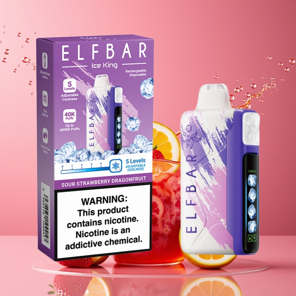 Elf Bar Ice King Suomi tukku 40000 Puffs 20ml 5% Nikotiinia Ladattava 850mAh Akku Säädettävä Jäähdytys Kirpeä Mansikka-Pitahaja