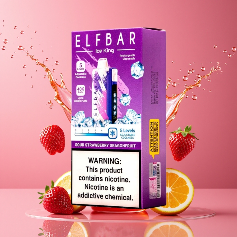 Elf Bar Ice King Suomi tukku 40000 Puffs 20ml 5% Nikotiinia Ladattava 850mAh Akku Säädettävä Jäähdytys Kirpeä Mansikka-Pitahaja