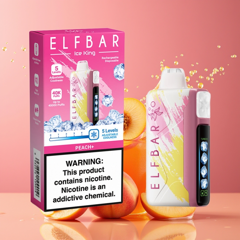 Suomi tukku Elf Bar Ice King 40000 Puffs Disposable Vape Persikka+ 20ml 5% Nikotiinia Ladattava 850mAh Akku Säädettävä Jäähdytys 5 Tasoa LCD-näyttö