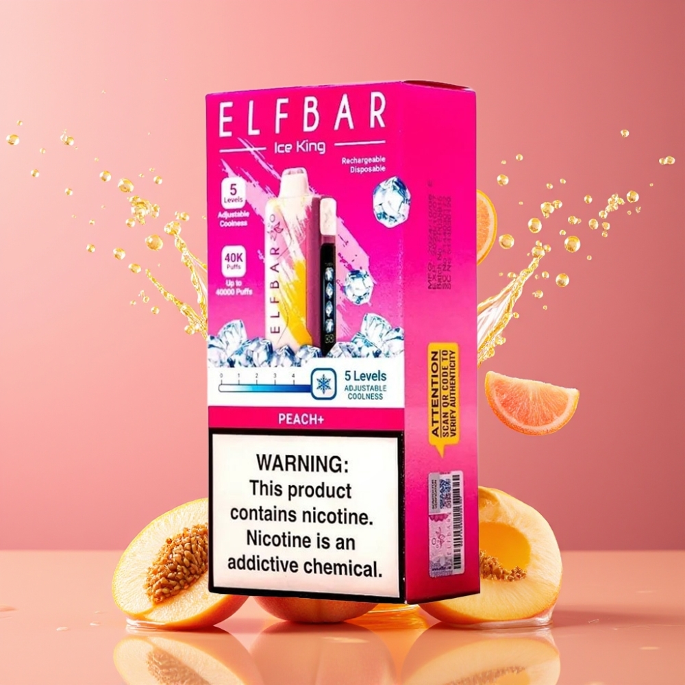 Suomi tukku Elf Bar Ice King 40000 Puffs Disposable Vape Persikka+ 20ml 5% Nikotiinia Ladattava 850mAh Akku Säädettävä Jäähdytys 5 Tasoa LCD-näyttö