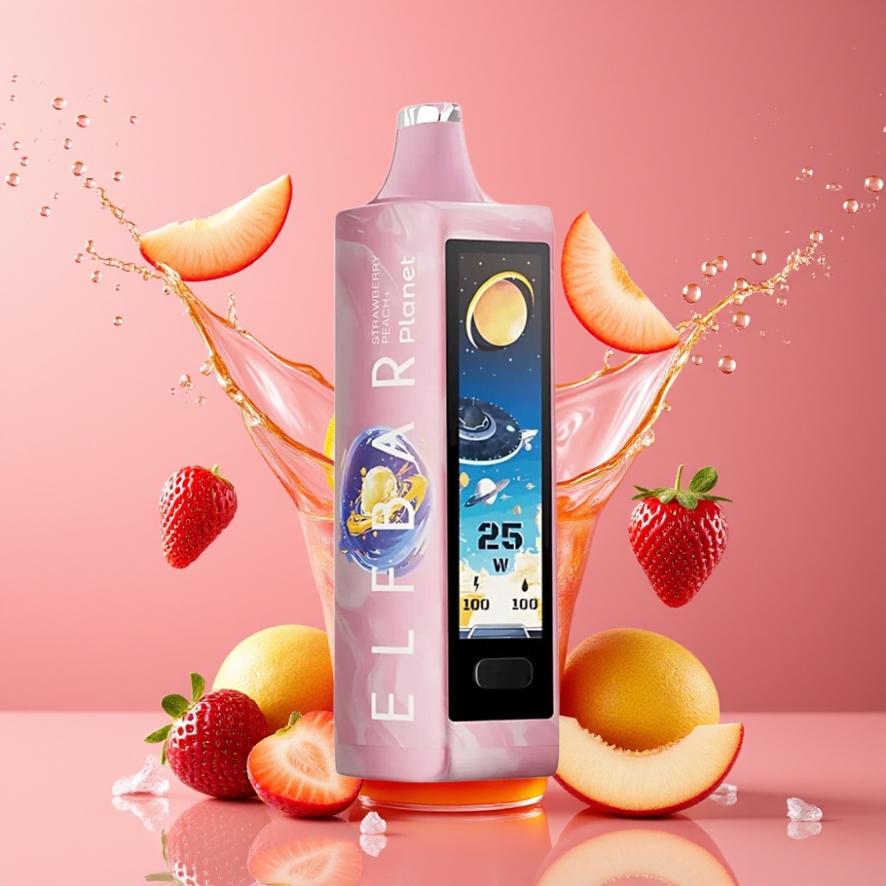 Suomi tukku Elf Bar Planet 25000 Puffs Disposable Vape Mansikka-Persikka 5% Nikotiinia 18ml Nestemäärä 800mAh Akku