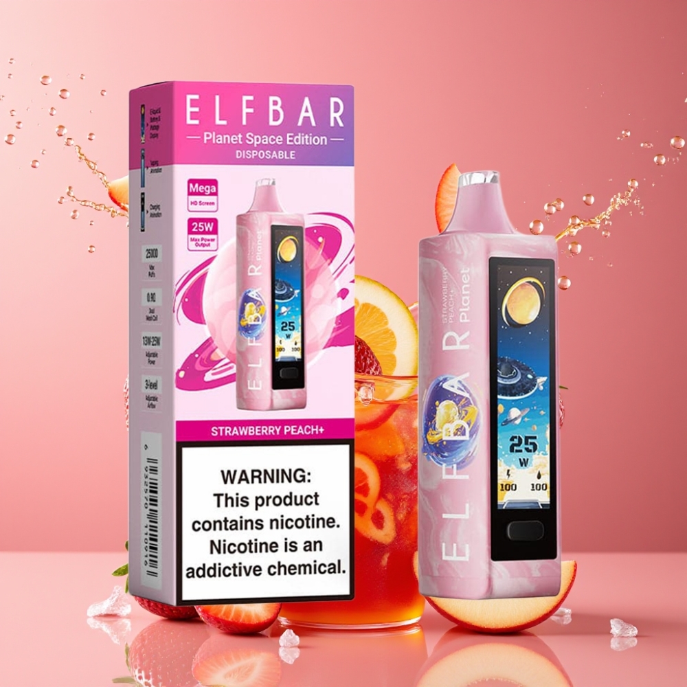 Suomi tukku Elf Bar Planet 25000 Puffs Disposable Vape Mansikka-Persikka 5% Nikotiinia 18ml Nestemäärä 800mAh Akku