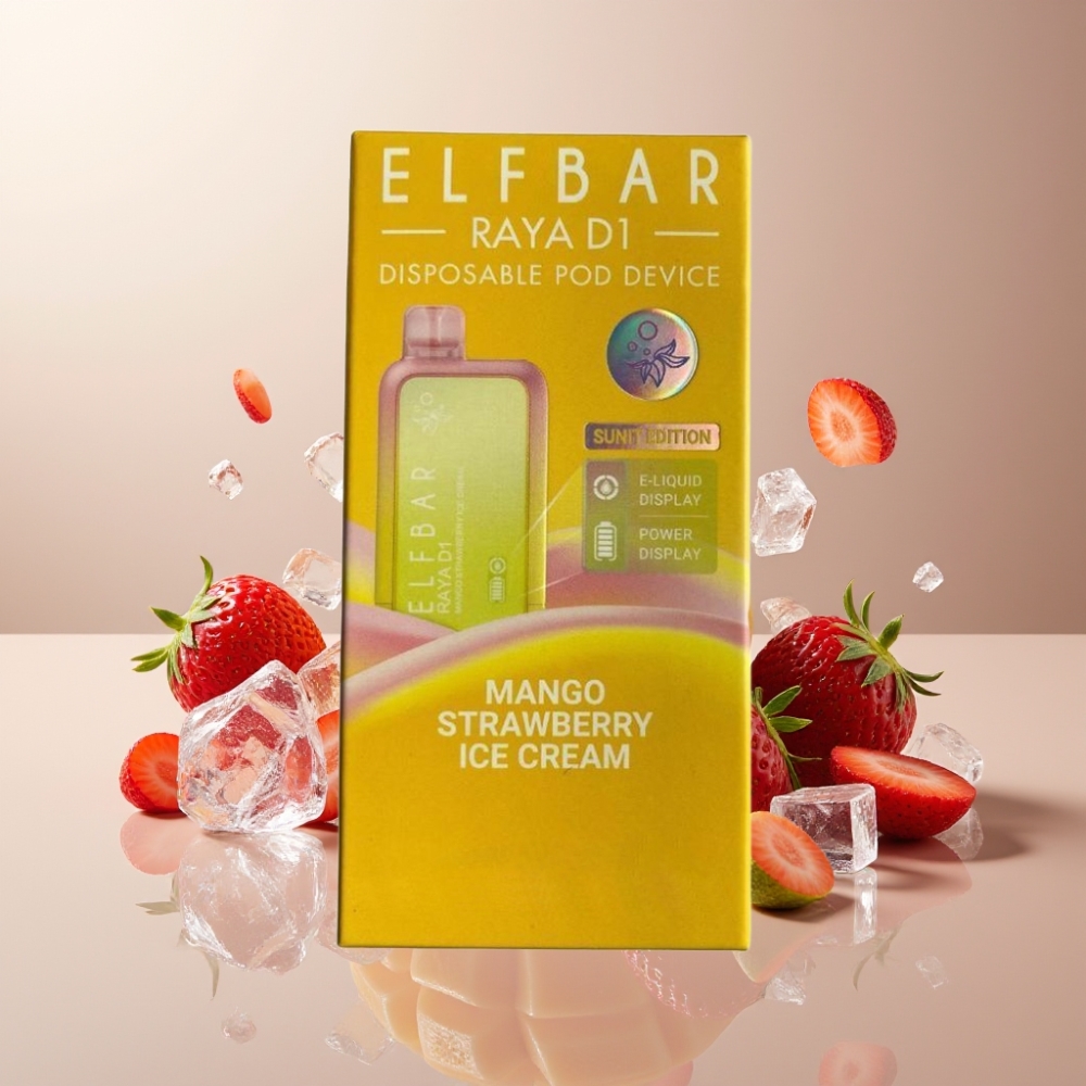 Suomi tukku Elf Bar Raya D1 13000 Puffs Kertakäyttöinen Vape 18ml Mango-Strawberry Jäätelö, 650mAh Akku, Type-C Lataus