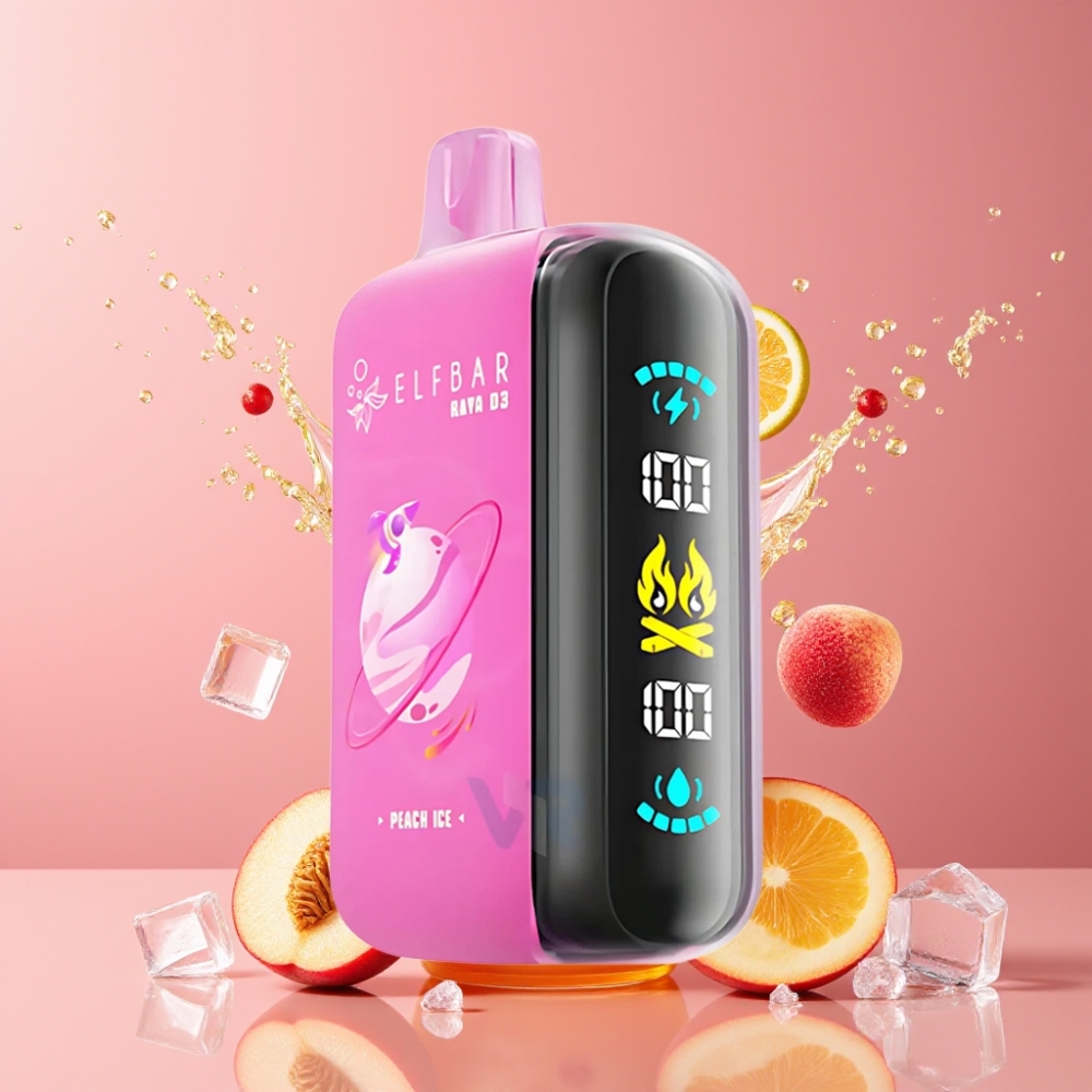 ELF BAR RAYA D3 25000 Puffs 23ml 5% Nikotiinia Suihkut Isolla Näytöllä ja Type-C Suomi tukku Persikka-Jää