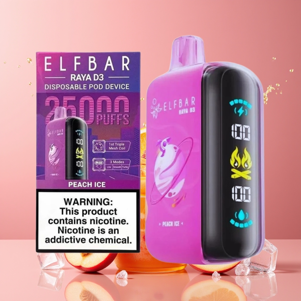 ELF BAR RAYA D3 25000 Puffs 23ml 5% Nikotiinia Suihkut Isolla Näytöllä ja Type-C Suomi tukku Persikka-Jää