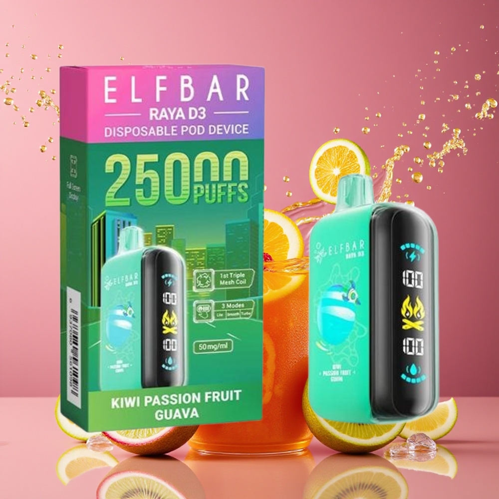 ELF BAR RAYA D3 25000 Puffs Disposable Vape 850mAh 23ml 5% Nikotiini Suomi tukku - Kiivi, Passiohedelmä, Guava