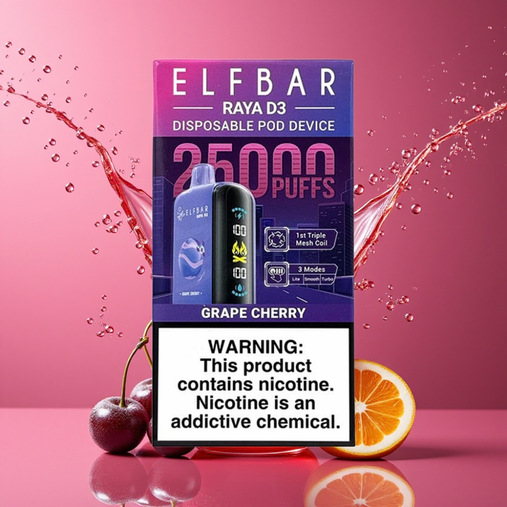 ELF BAR RAYA D3 25000 Puffs Suomi Tukku - 23ml, 5% Nikotiinia, 850mAh Akku, Type-C - Viinirypäle & Kirsikka