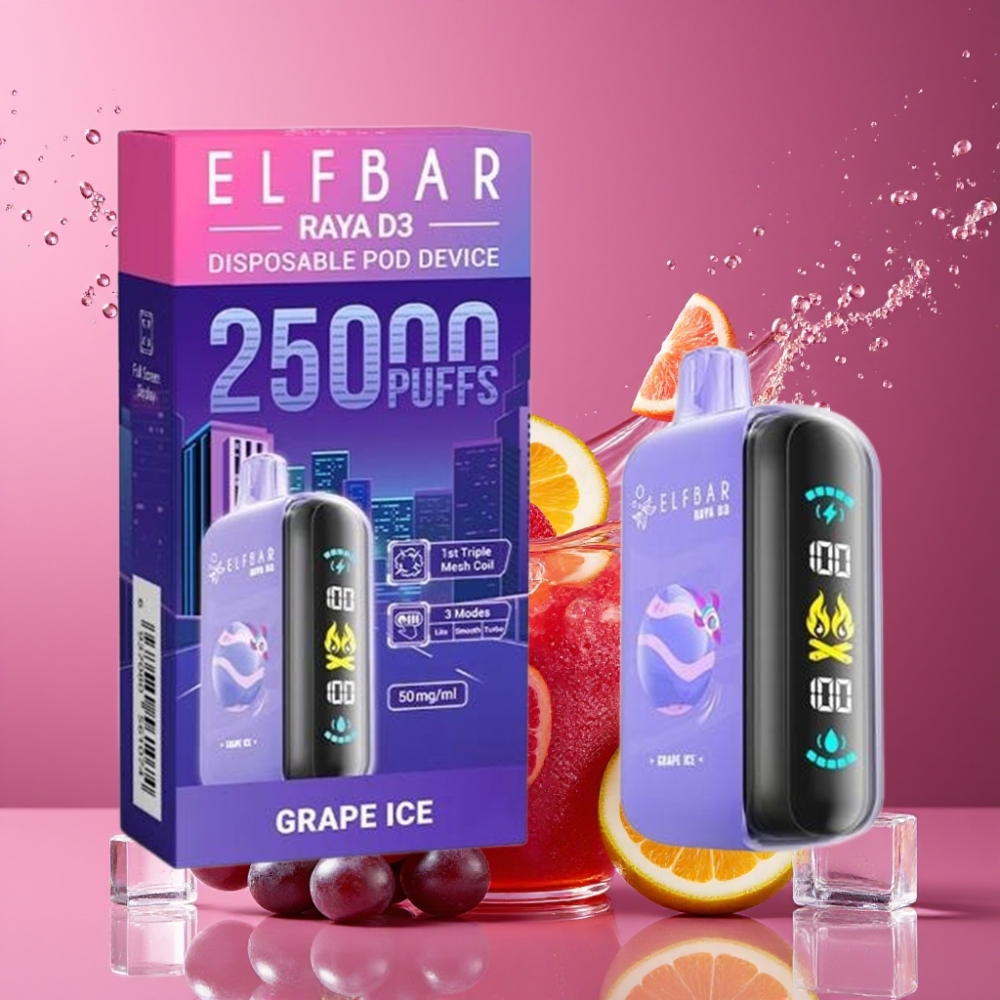 ELF BAR RAYA D3 25000 Puffs Suomi Tukku - 23ml, 850mAh Akku, 5% Nikotiinia, Viinijää (Grape Ice)