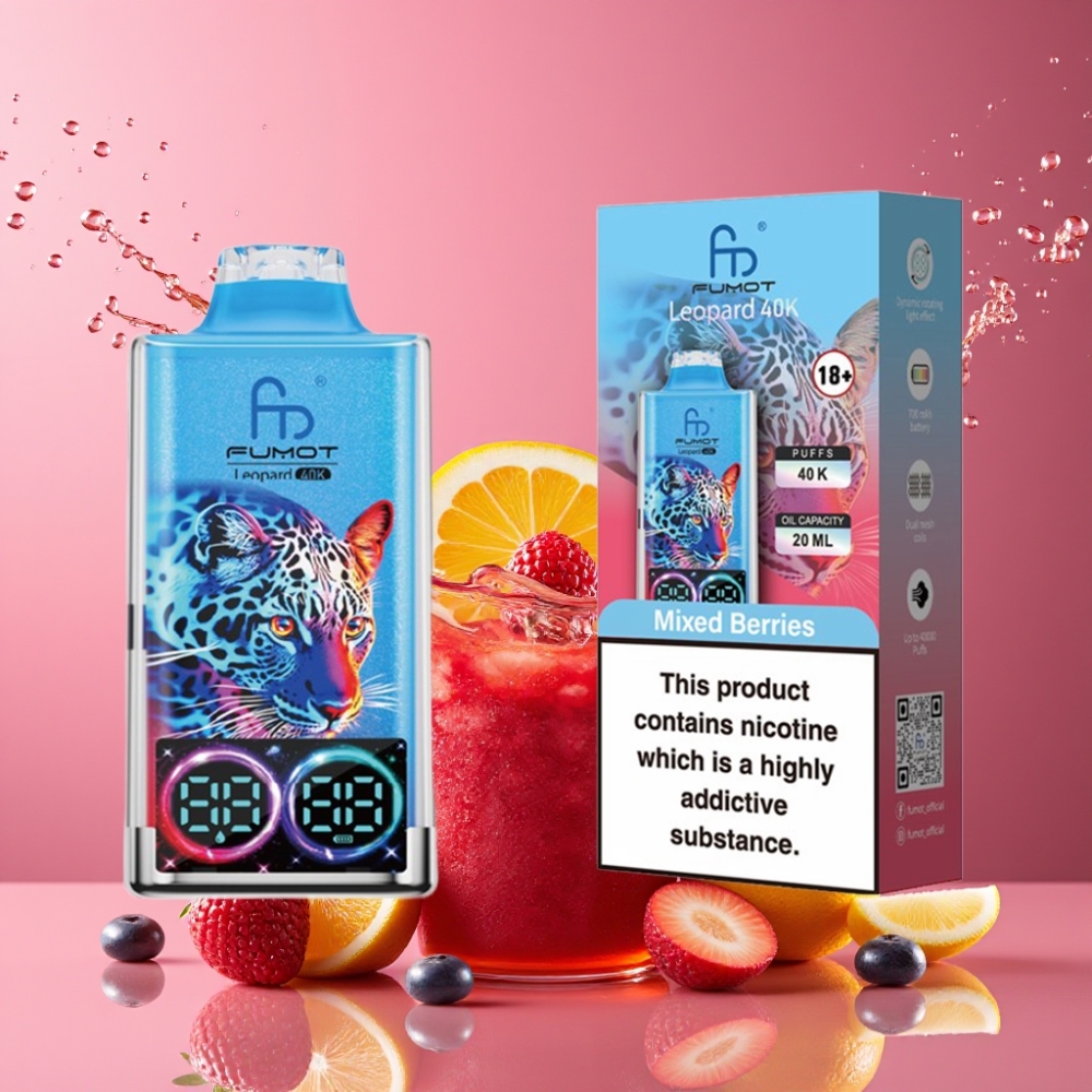 Suomi tukku Fumot Leopard 40K Puffs Disposable Vape Mixed Berries – Dual Mesh, 700mAh, Type-C Charging, 0-5% Nicotine
