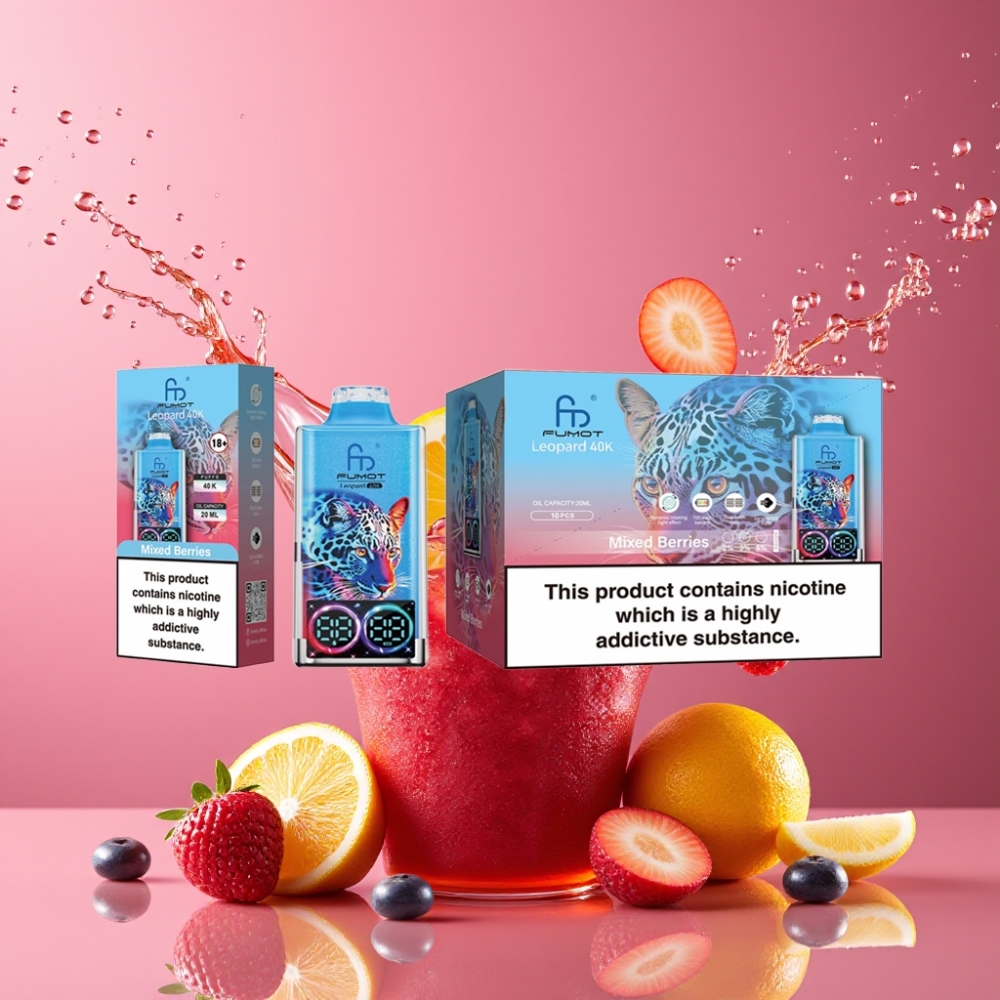Suomi tukku Fumot Leopard 40K Puffs Disposable Vape Mixed Berries – Dual Mesh, 700mAh, Type-C Charging, 0-5% Nicotine