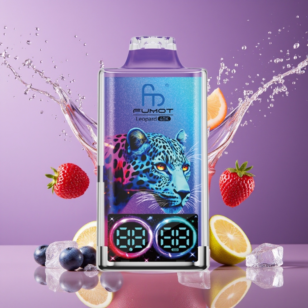 Suomi tukku Fumot Leopard 40K Puffs Disposable Vape Mustikka & Jää 0%-5% Nikotiinia, 700mAh, Dual Mesh, Type-C, Näyttö