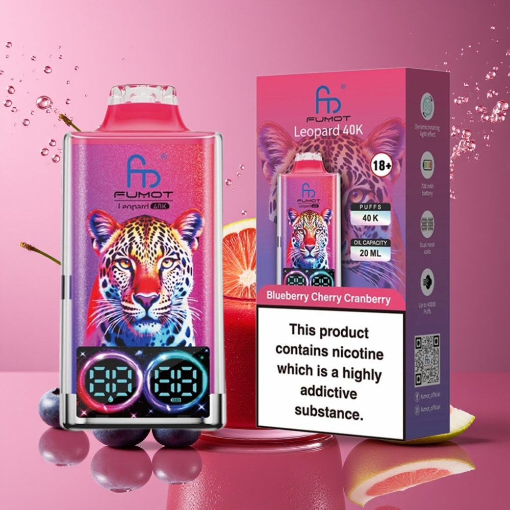 Suomi tukku Fumot Leopard 40K Puffs Disposable Vape Mustikka-Kirsikka-Karpalo 700mAh Dual Mesh Type-C Lataus