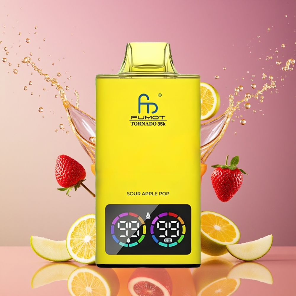 Suomi tukku Fumot Tornado 35K Disposable Vape 15ml 35000 Puffs, Dual Mesh Coil, RGB Lights, Fast Charging USB-C – Hapan Omena Pop
