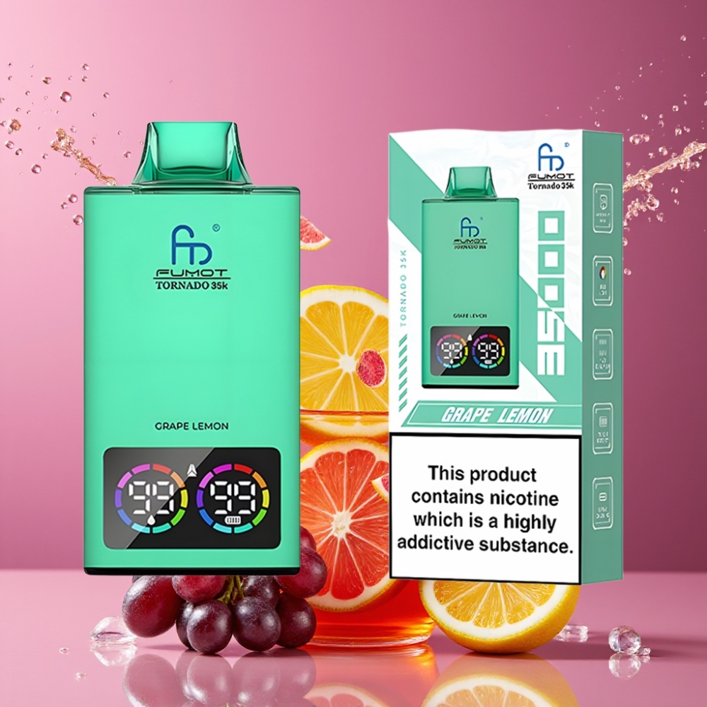Suomi tukku Fumot Tornado 35K Disposable Vape Viinirypäle & Sitruuna – 15ml, 35000 Puffs, Dual Mesh Coil, RGB-valot, USB-C