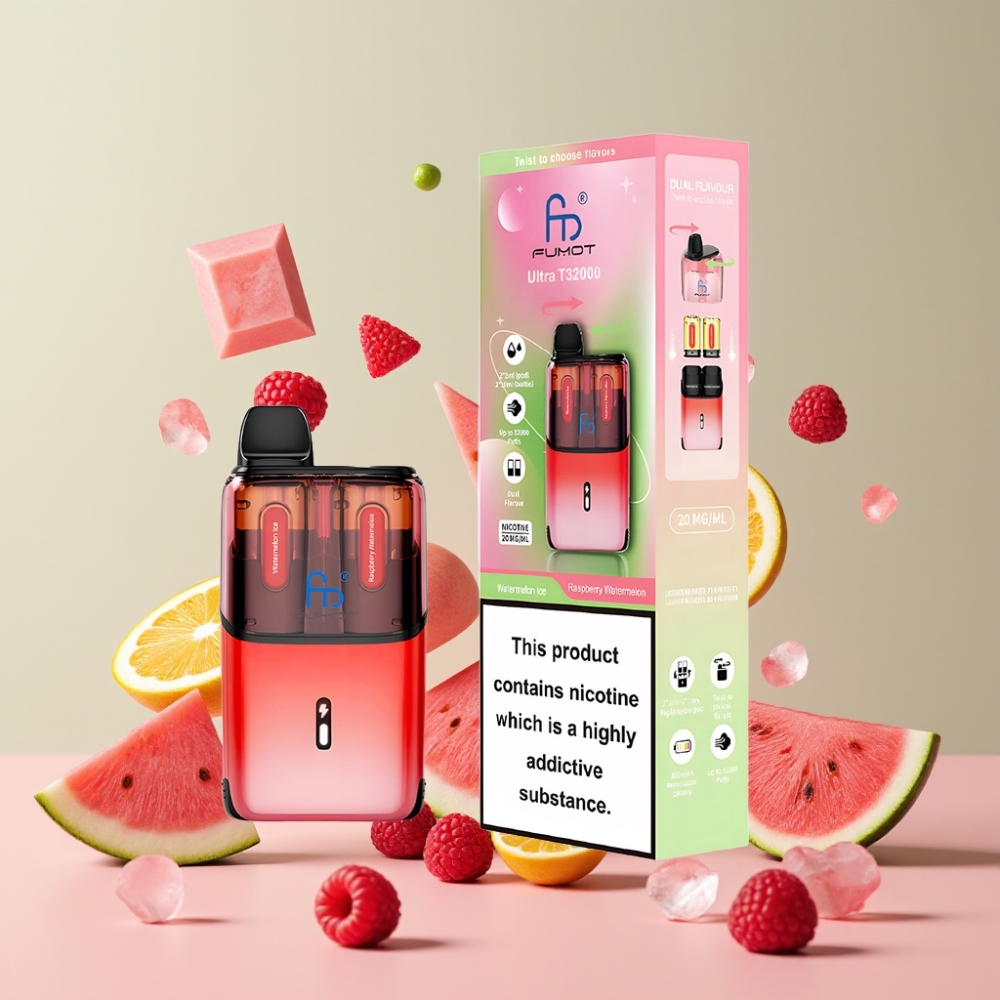 Suomi tukku Fumot Ultra T32000 Kertakäyttöinen Vape Vesimeloni-Jää & Vadelma-Vesimeloni – 32000 tupakkaa, 800mAh akku, 24ml nestemäistä, Type-C pikalataus, Mesh-käämiteknologia