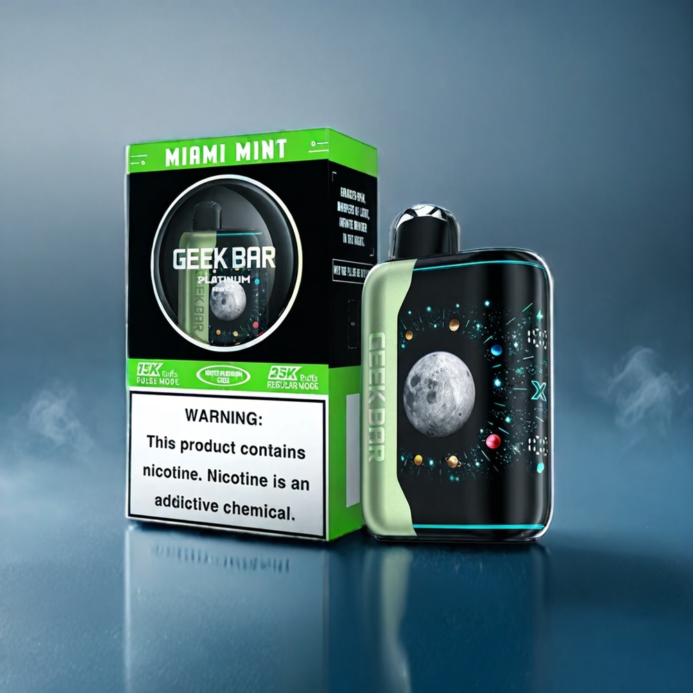 Suomi tukku GEEK BAR Pulse X Platinum Edition – Miami Mint, jopa 25000 tupakkaa, Premium Matte Platinum -pinta, 3D-näyttö, USB-C, 20ml, 2% nikotiinia