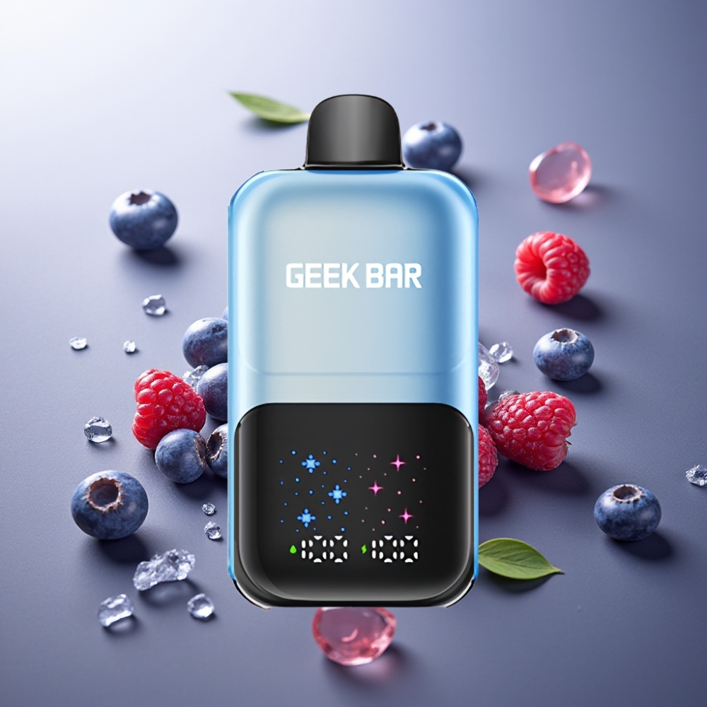 Suomi tukku GEEKBAR 2GO 20ml 50000 Puffs Two Series Kertakäyttöinen Vape Pen Mustikka-Vadelma-Jää, Interactive Large Screen, 3-level Adjustable Flavors, Ladattava Akku