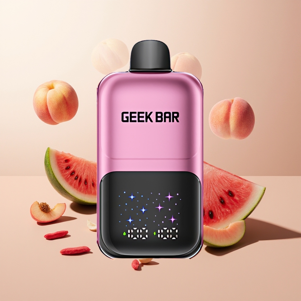 Suomi tukku GEEKBAR 2GO 20ml 50000 Puffs Two Series Kertakäyttöinen Vape Pen Persikka & Vesimeloni, 3-tasoinen Säädettävä Maku/Jäähdytys, Ladattava Akku