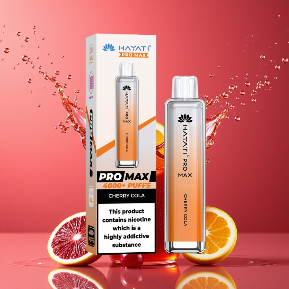 Hayati Pro Max 4000 Puffs Suomi Tukku Disposable Vape Kirsikka-Kola, 2%/5% Nikotiinia, 1400mAh Akku, 1.1 Ohm Kaksoisverkkokäämi