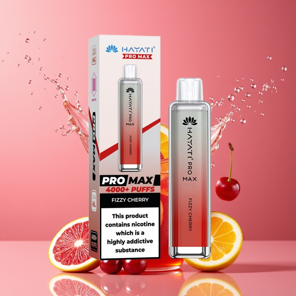 Suomi tukku Hayati Pro Max 4000 Puffs Disposable Vape Fizzy Cherry (2%/5% Nikotiinia, 1400mAh Akku, 2ml/10ml Säiliö, LED-valo)