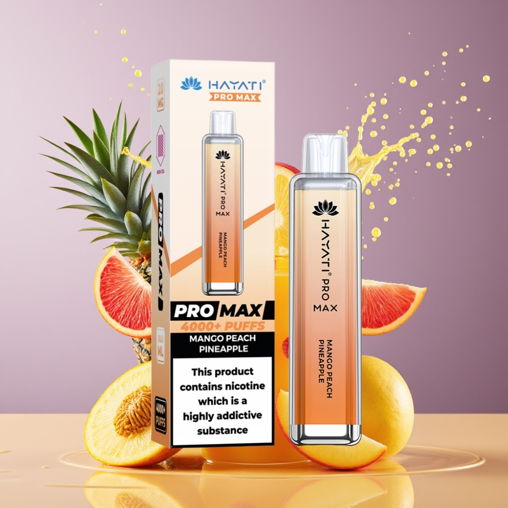 Suomi tukku Hayati Pro Max 4000 Puffs Disposable Vape Mango-Persikka-Ananas (2%, 5% Nikotiinia, 1400mAh Akku, 4000 Savutusta)