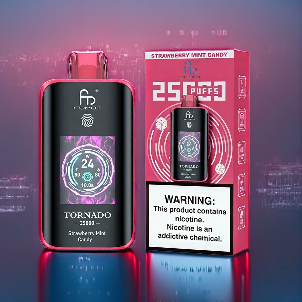 Fumot Tornado 25000 Puffs Suomi Tukku – Mansikka-Minttu Karkki, HD-näyttö, 700mAh Akku, Type-C-lataus