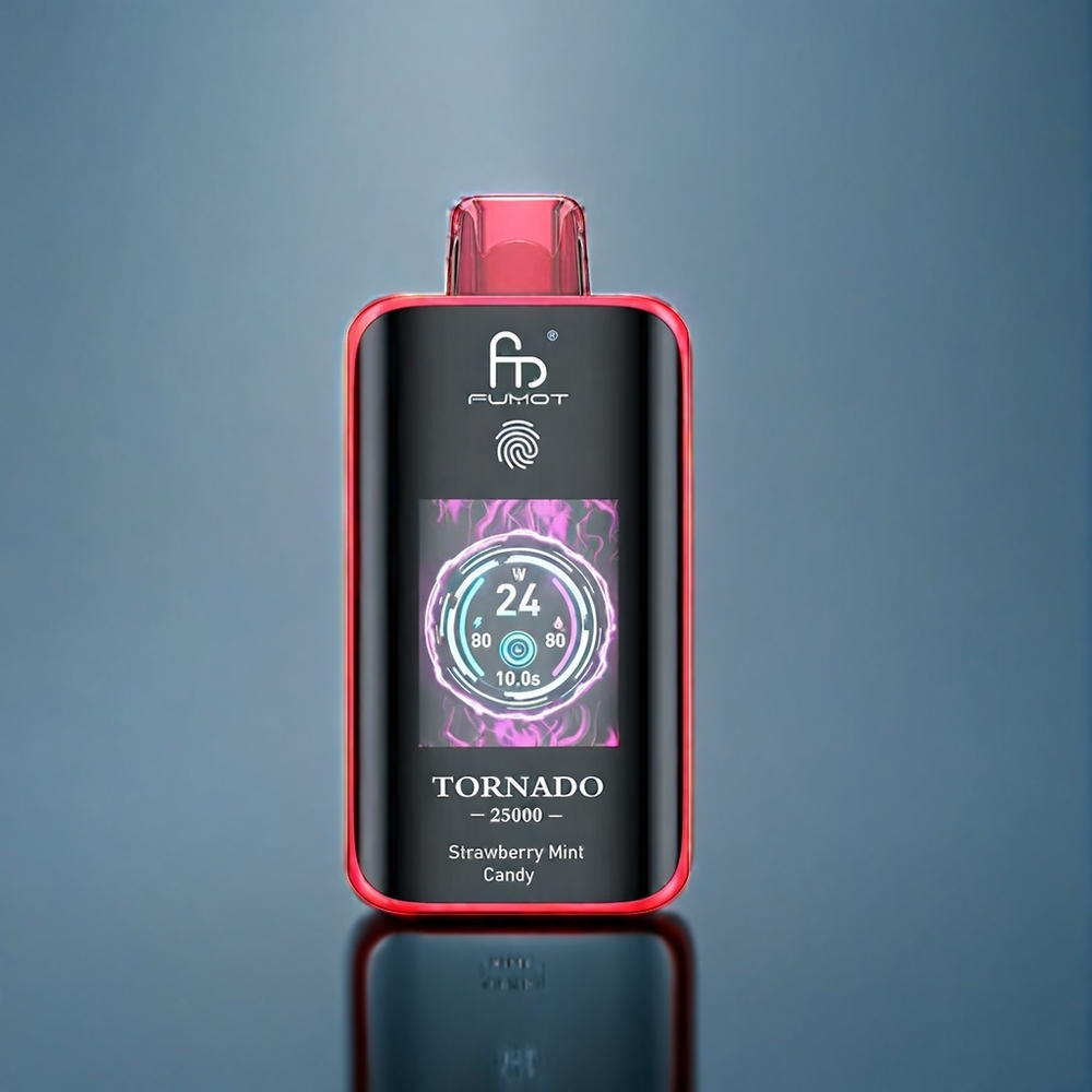Fumot Tornado 25000 Puffs Suomi Tukku – Mansikka-Minttu Karkki, HD-näyttö, 700mAh Akku, Type-C-lataus