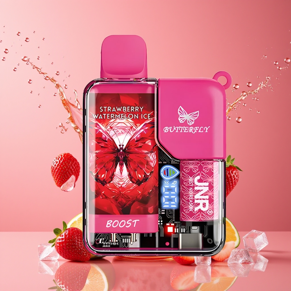 Suomi tukku JNR Butterfly 8500 Puffs Disposable Vape Mansikka-Arbuusi-Jää 8500 Puffs 15ml 1.0ohm Mesh Digital Display