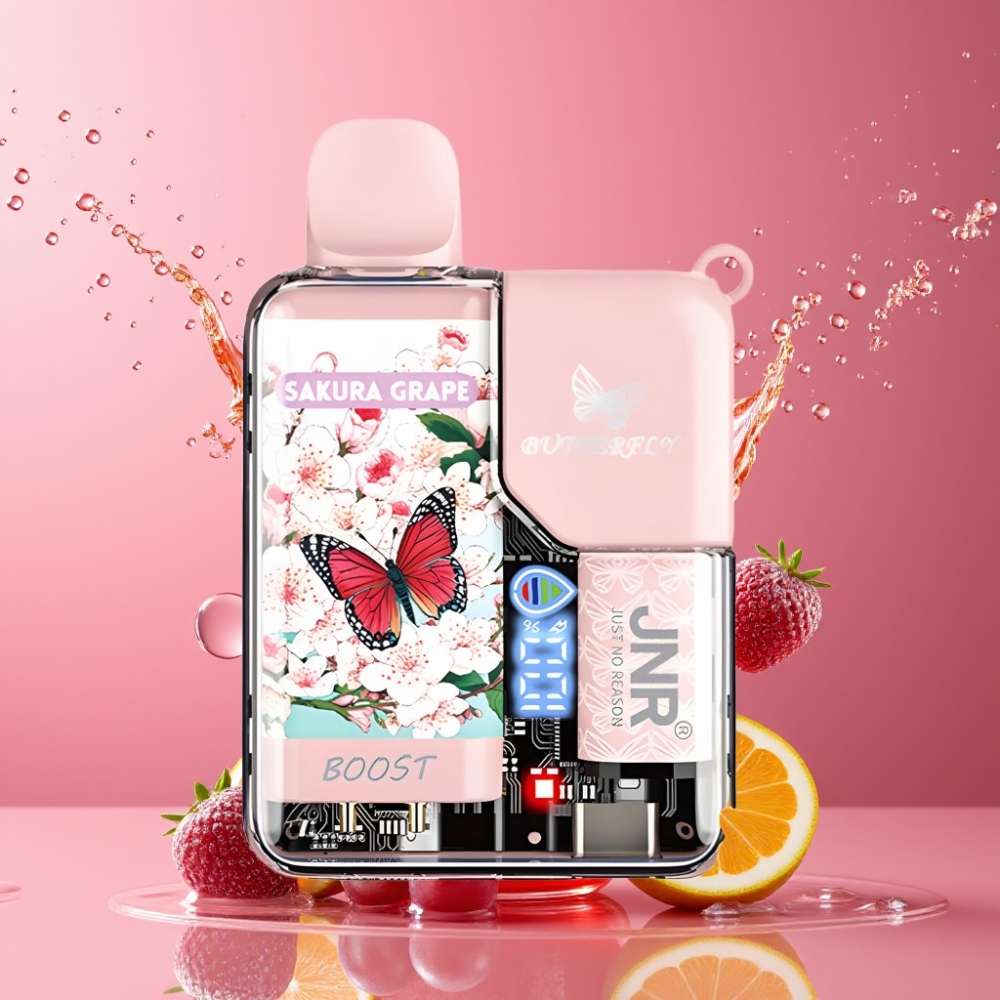 Suomi tukku JNR Butterfly 8500 Puffs Disposable Vape Sakura Viinirypäle - 15ml nestemäärä, 1200mAh akku, digitaalinäyttö