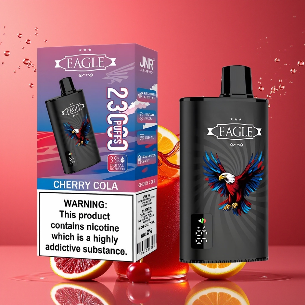 Suomi tukku JNR EAGLE Smart 23000 Puffs Disposable Vape Kirsikkakola – Digitaalinäyttö, 1.0ohm Mesh Coil, Säädettävä Ilmanvirtaus