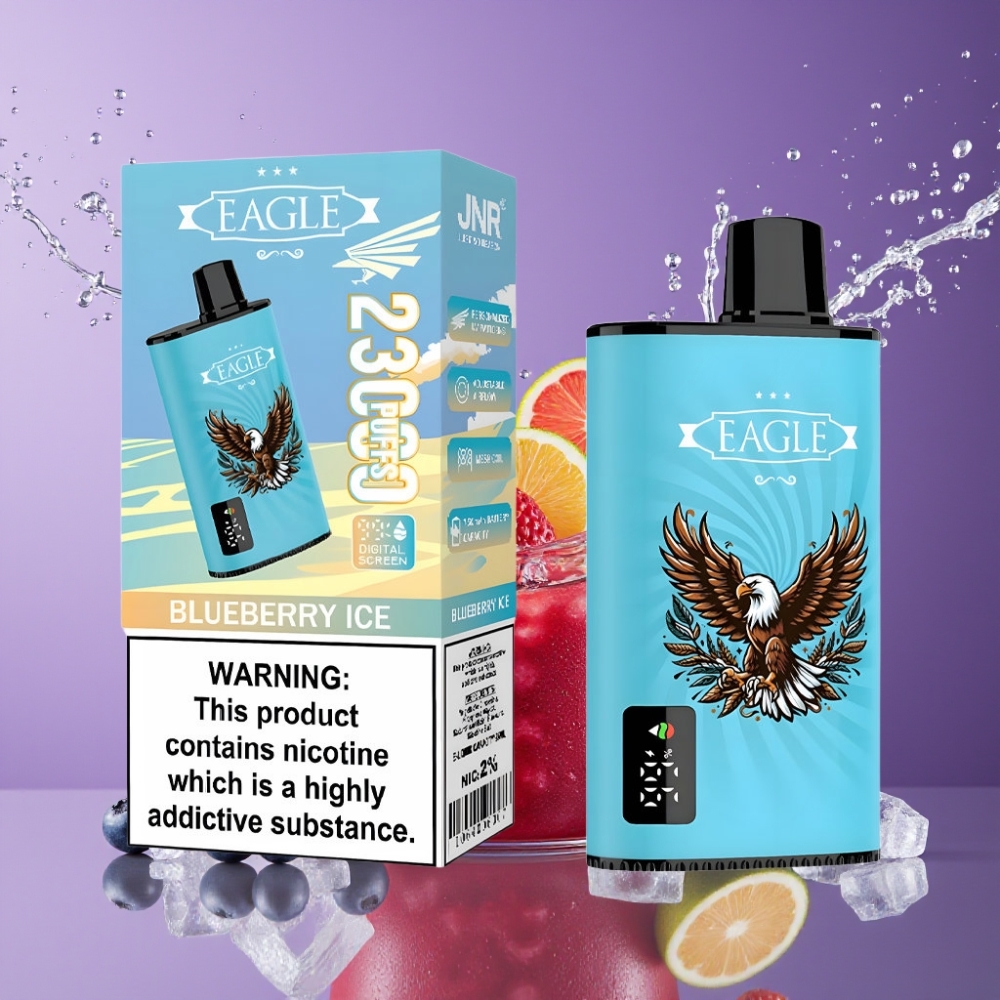 Suomi tukku JNR EAGLE Smart 23000 Puffs Disposable Vape Mustikka-Jää 1.0ohm Mesh Coil, Säädettävä Ilmanvirtaus, Digitaalinäyttö