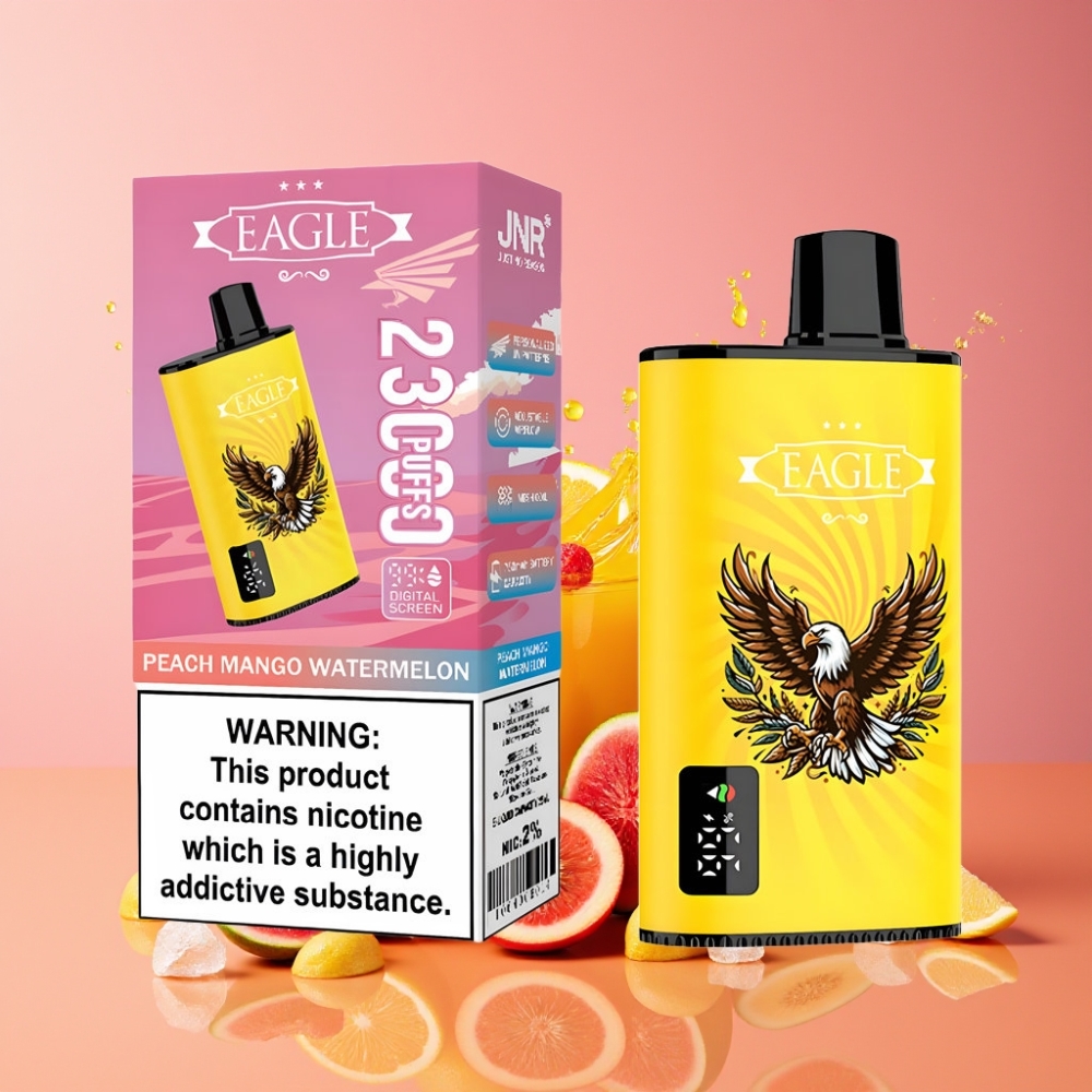 Suomi tukku JNR EAGLE Smart 23000 Puffs Disposable Vape Persikka Mango Vesimeloni – 25ml, 750mAh, 1.0ohm Mesh, Säädettävä Ilmanvirtaus, Typ-C-lataus