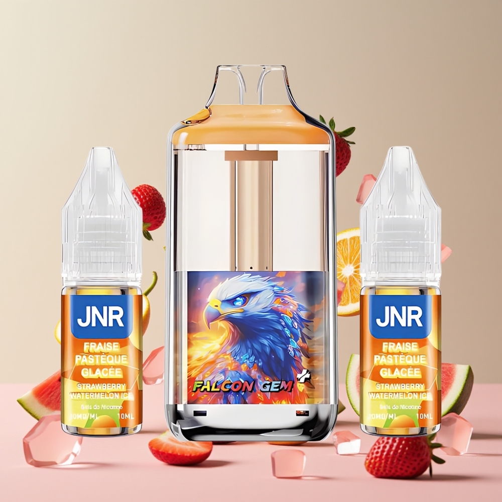 Suomi tukku JNR Falcon GEM⁺ 30000 Puffs Dual Mesh - Mansikka-Arbuusi-Jää - Näkyvä nesteallas, Type-C, 950mAh