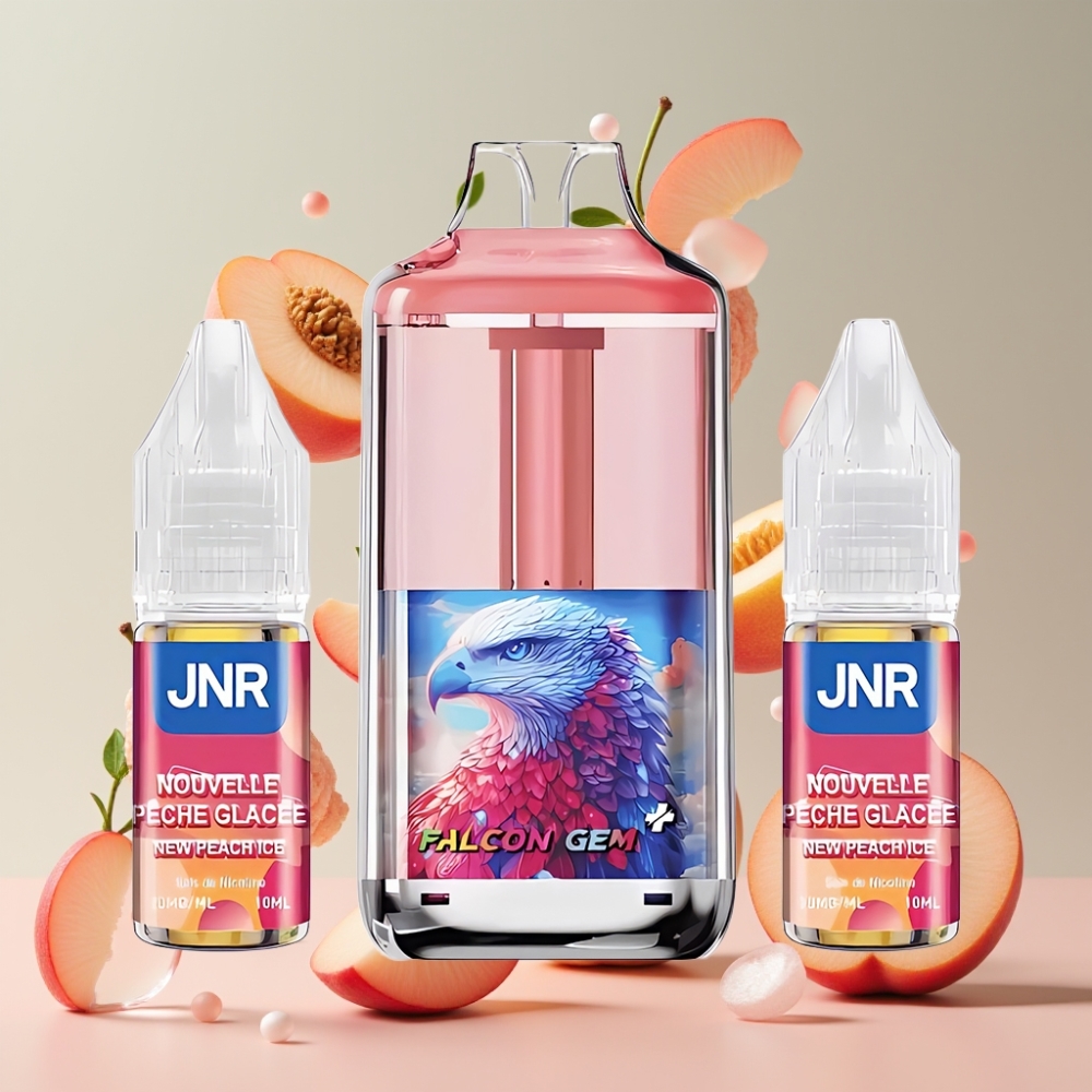 Suomi tukku JNR Falcon GEM⁺ 30000 Puffs Refillable Pod Vape Uusi Persikka-Jää, Näkyvä Nestetankki, 950mAh Akku, Type-C Lataus