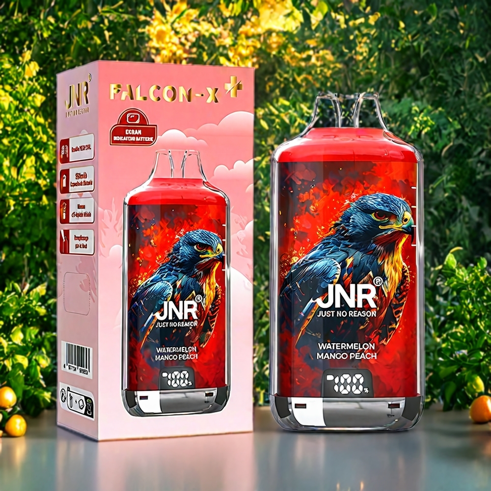 JNR Falcon X⁺ 28000 Suomi tukku 28000 Puffs Vesimeloni Mango Persikka – Näkyvä E-Nesteen Määrä, 1.2Ω Dual Mesh Coil, 950mAh Type-C Lataus